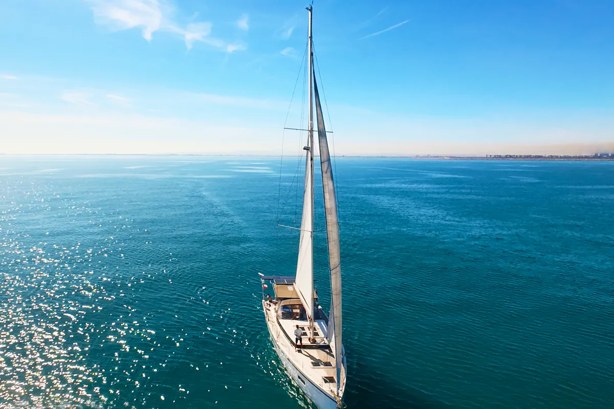 Exterior view of Aequus, a Bavaria C57 sailboat at Olbia, Italy