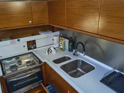 Cabin on Aequus, a Bavaria C57 sailboat at Olbia, Italy