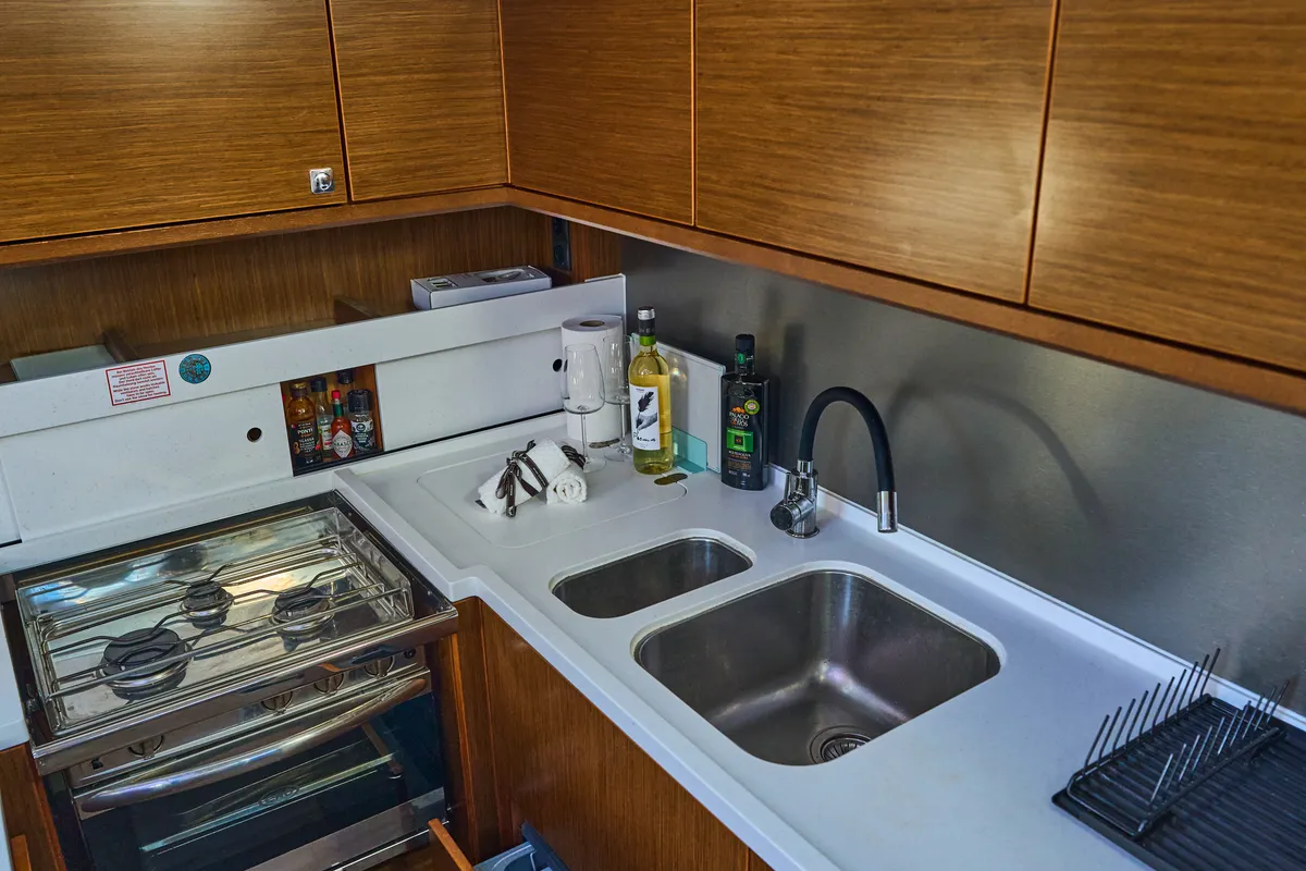 Cabin on Aequus, a Bavaria C57 sailboat at Olbia, Italy