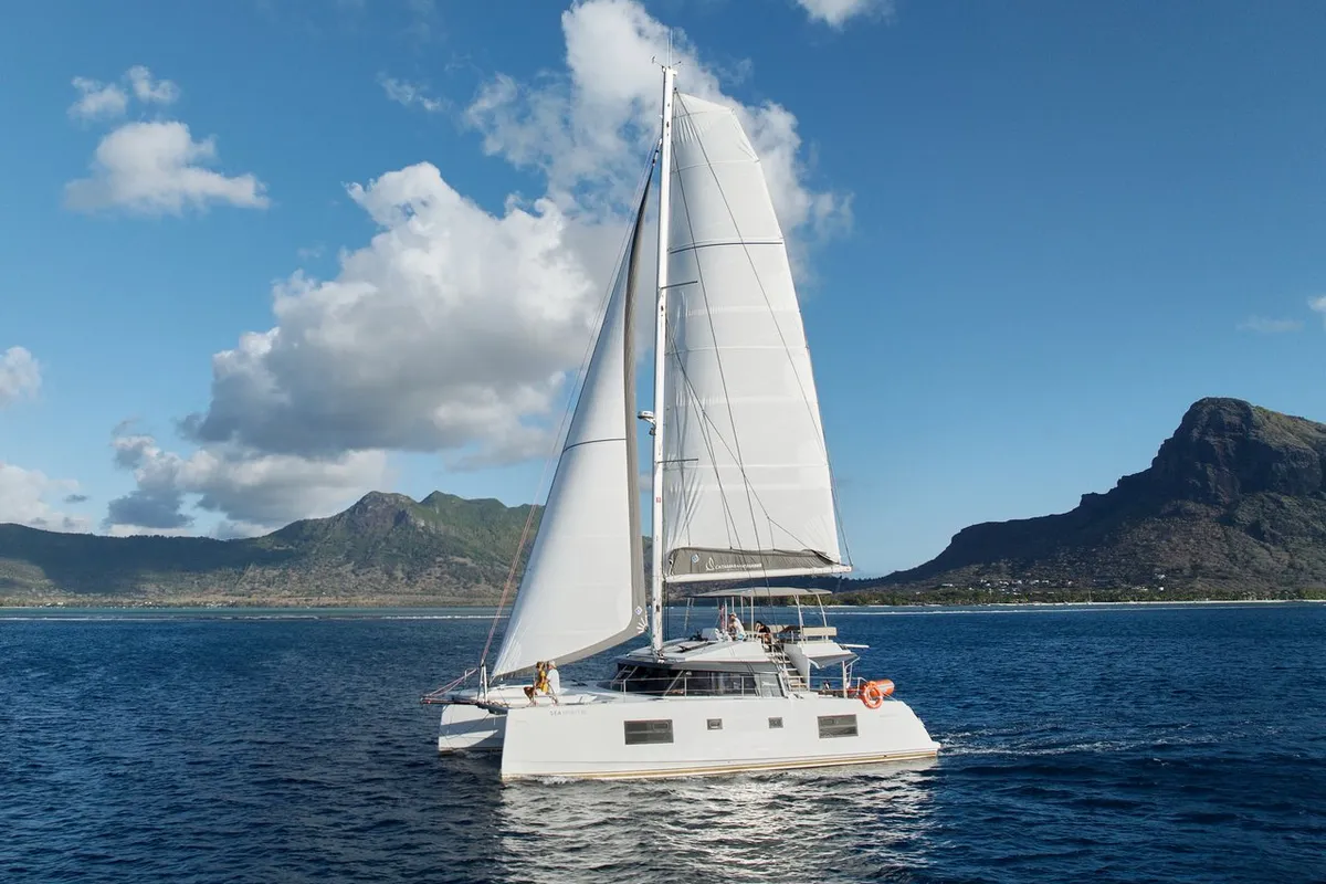 Exterior view of Sea Spirit III, a Nautitech 46 Fly catamaran at Grande Rivière Noire VCA, Mauritius