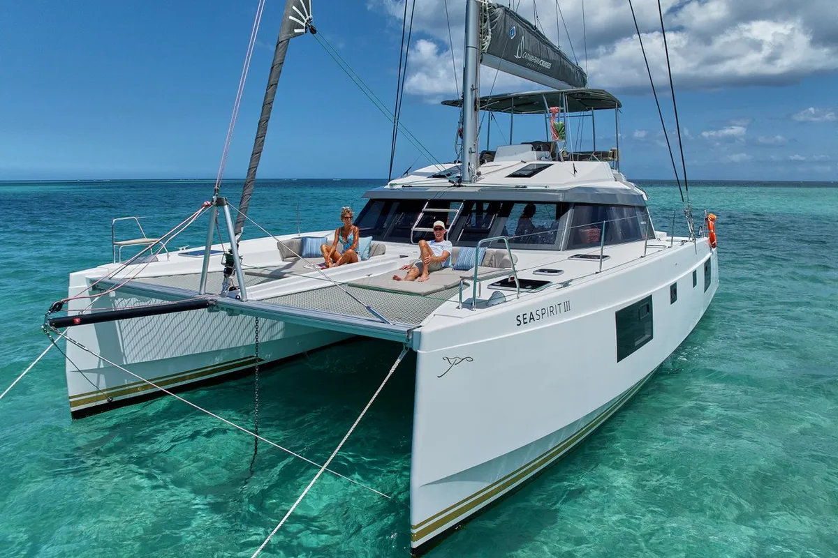 Exterior view of Sea Spirit III, a Nautitech 46 Fly catamaran at Grande Rivière Noire VCA, Mauritius