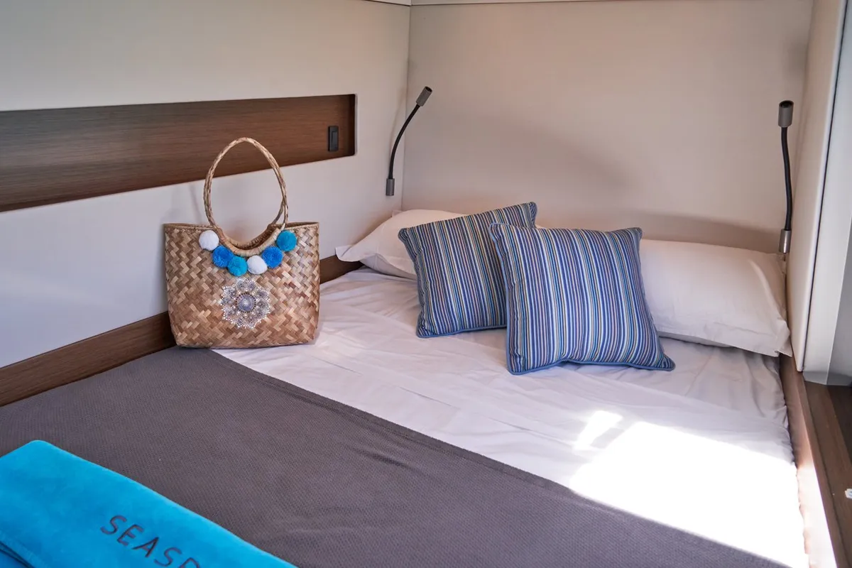 Cabin on Sea Spirit III, a Nautitech 46 Fly catamaran at Grande Rivière Noire VCA, Mauritius