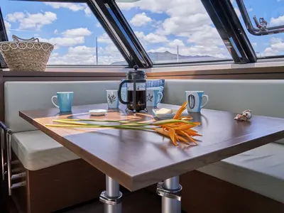 Salon of Sea Spirit III, a Nautitech 46 Fly catamaran at Grande Rivière Noire VCA, Mauritius
