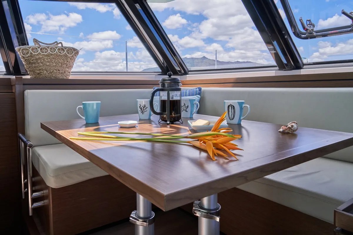 Salon of Sea Spirit III, a Nautitech 46 Fly catamaran at Grande Rivière Noire VCA, Mauritius