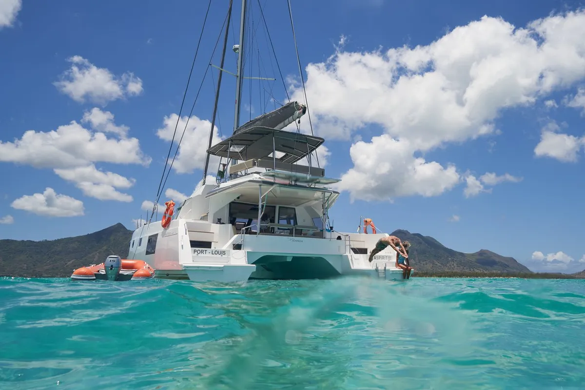 Exterior view of Sea Spirit III, a Nautitech 46 Fly catamaran at Grande Rivière Noire VCA, Mauritius