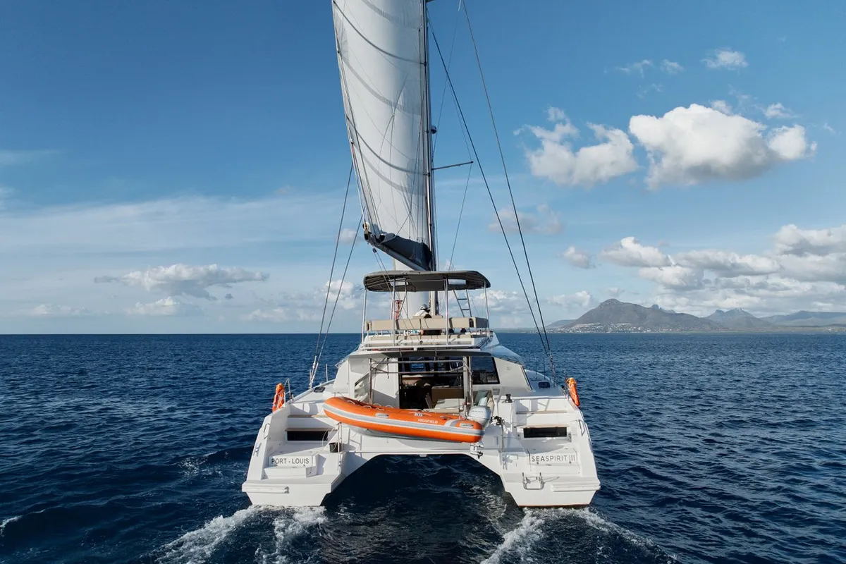 Exterior view of Sea Spirit III, a Nautitech 46 Fly catamaran at Grande Rivière Noire VCA, Mauritius
