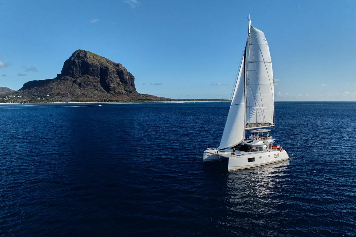 Exterior view of Sea Spirit III, a Nautitech 46 Fly catamaran at Grande Rivière Noire VCA, Mauritius