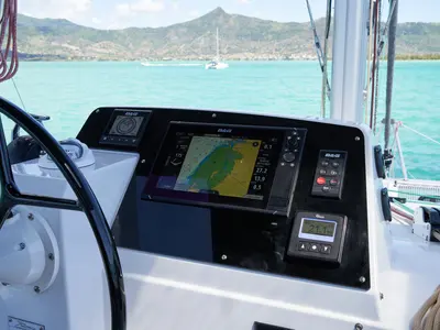 Cockpit of Sea Spirit III, a Nautitech 46 Fly catamaran at Grande Rivière Noire VCA, Mauritius