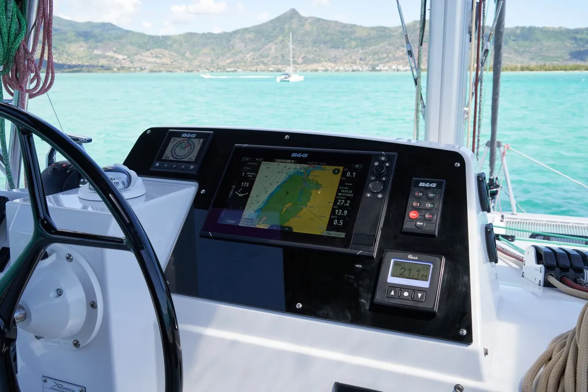 Cockpit of Sea Spirit III, a Nautitech 46 Fly catamaran at Grande Rivière Noire VCA, Mauritius