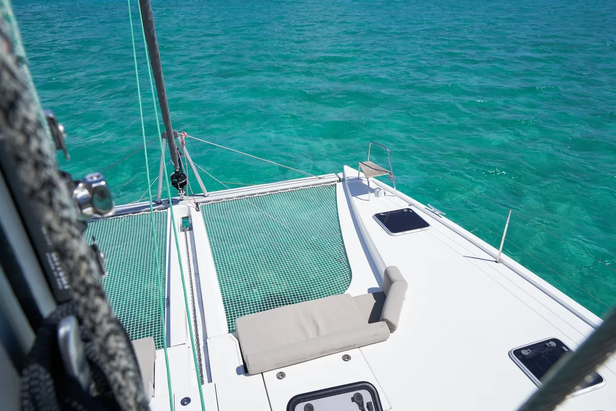 Deck of Sea Spirit III, a Nautitech 46 Fly catamaran at Grande Rivière Noire VCA, Mauritius