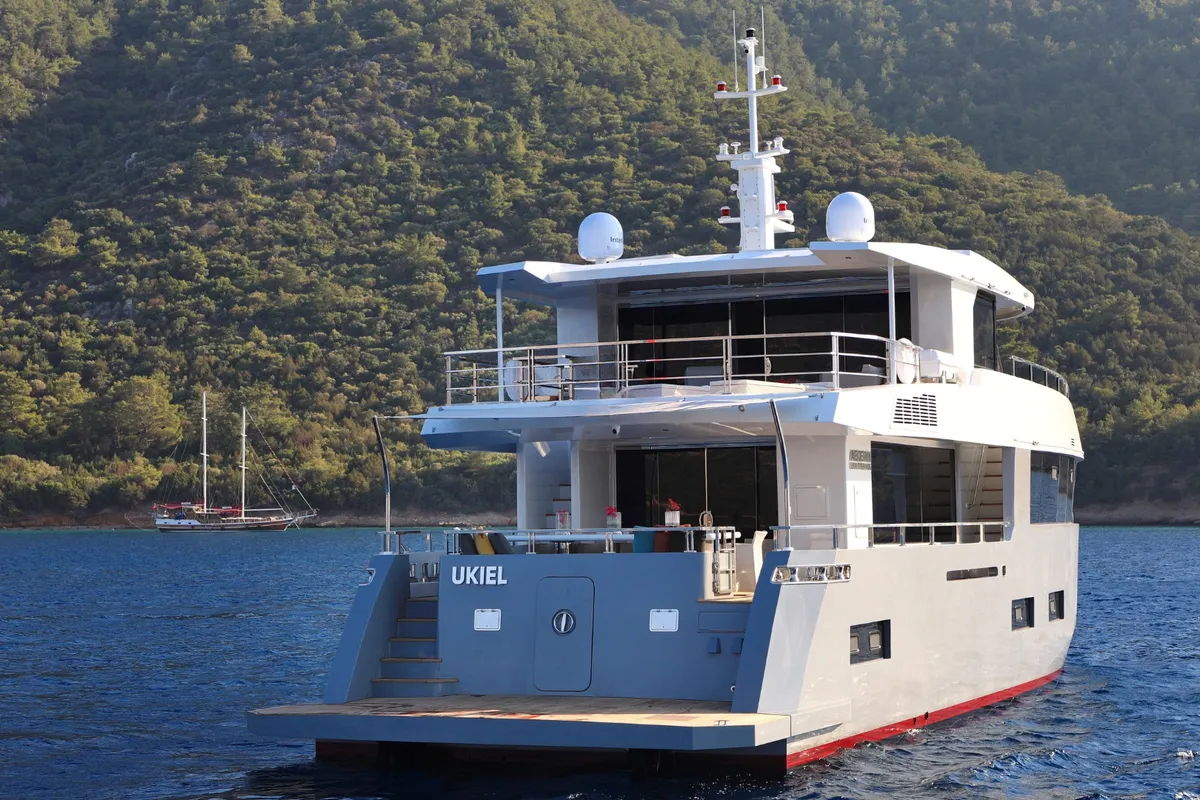Ukiel, a Aegean Explorer M26 motor yacht at Olbia, Italy