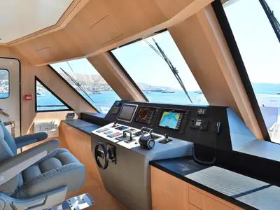 Cockpit of Ukiel, a Aegean Explorer M26 motor yacht at Olbia, Italy