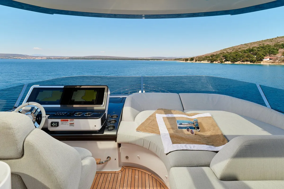 Cockpit of OMR Group, a Azimut 78 Fly motor yacht at Podstrana - Miljevac, Croatia