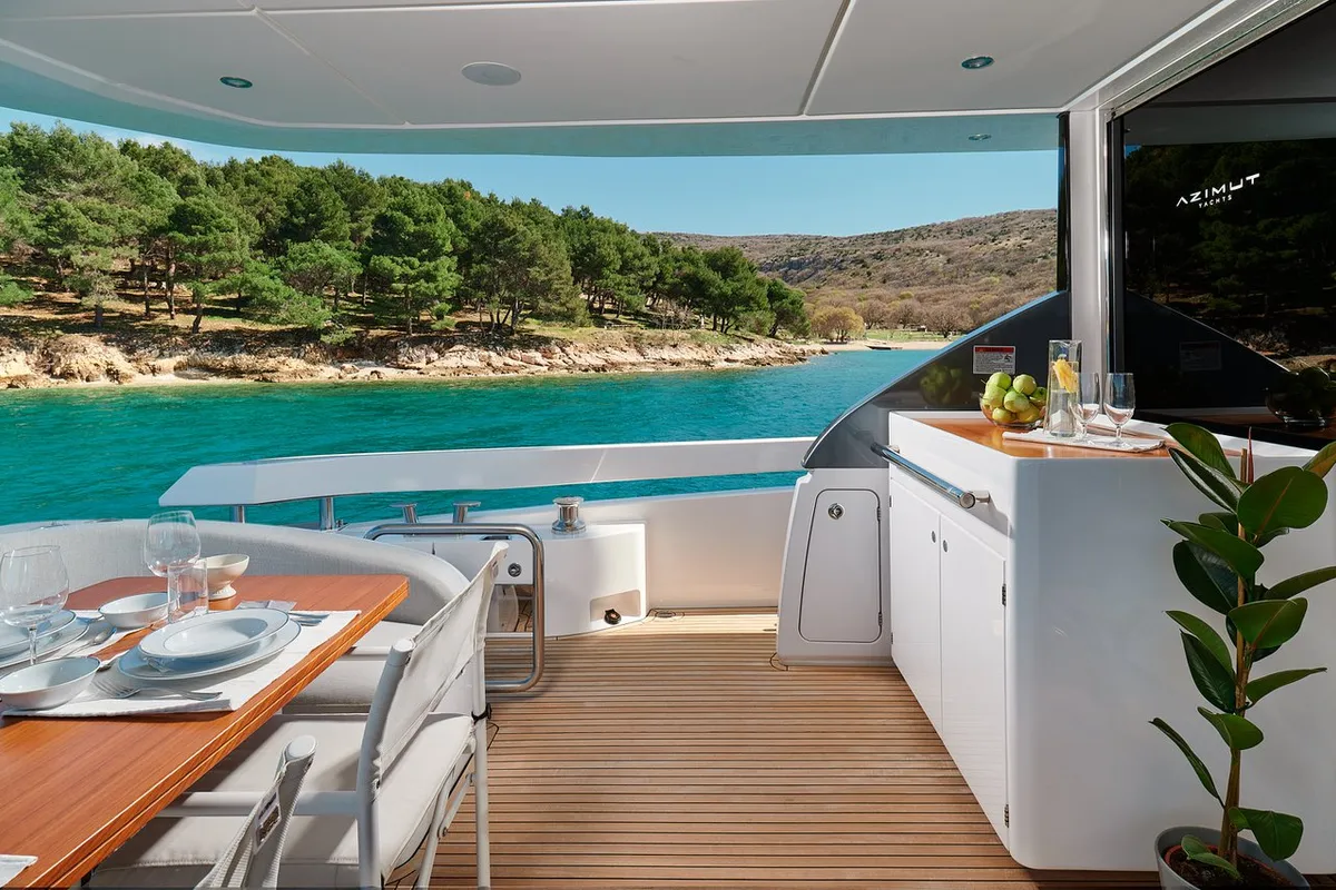 Deck of OMR Group, a Azimut 78 Fly motor yacht at Podstrana - Miljevac, Croatia