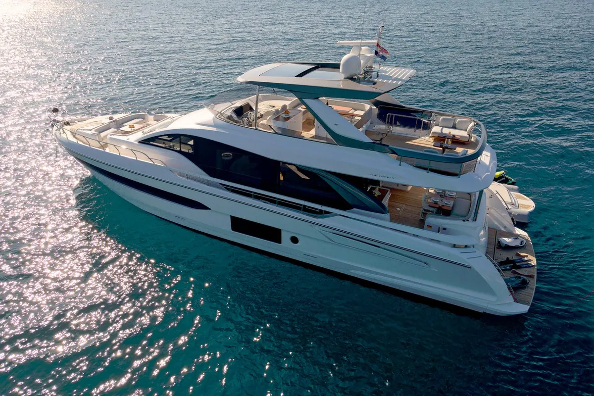 Deck of OMR Group, a Azimut 78 Fly motor yacht at Podstrana - Miljevac, Croatia