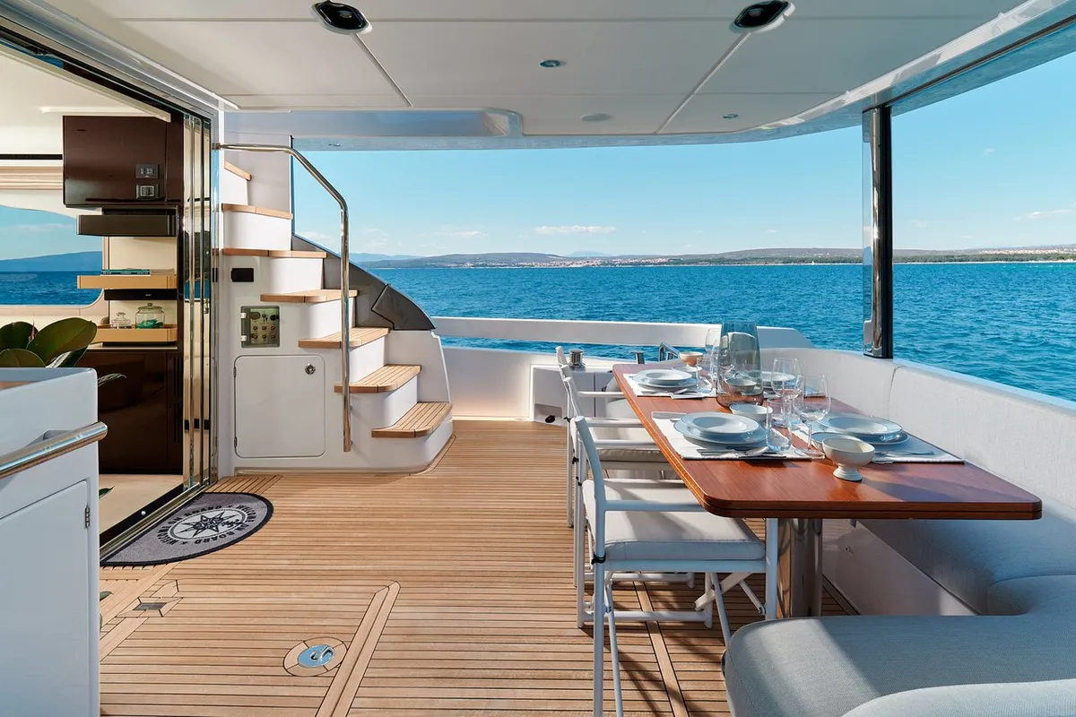 Deck of OMR Group, a Azimut 78 Fly motor yacht at Podstrana - Miljevac, Croatia