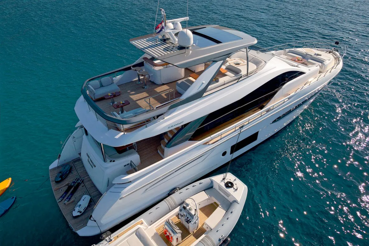 Deck of OMR Group, a Azimut 78 Fly motor yacht at Podstrana - Miljevac, Croatia