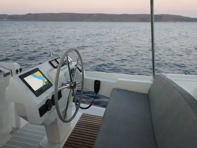 Cockpit of AQUARELLA, a Fountaine Pajot Tanna 47 catamaran at Lavreotiki Municipal Unit, Greece