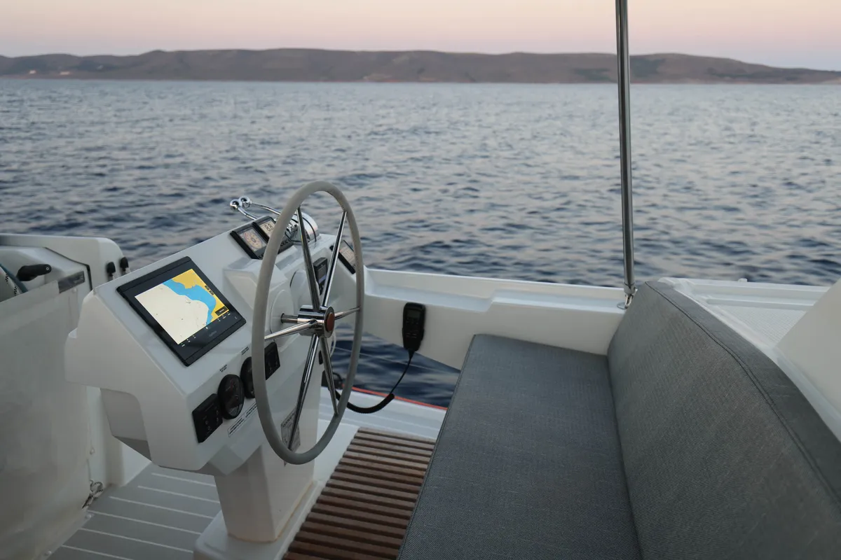 Cockpit of AQUARELLA, a Fountaine Pajot Tanna 47 catamaran at Lavreotiki Municipal Unit, Greece