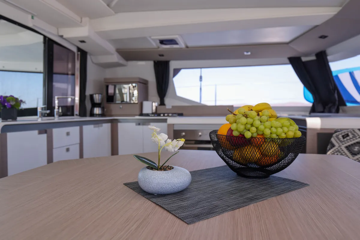 Galley of AQUARELLA, a Fountaine Pajot Tanna 47 catamaran at Lavreotiki Municipal Unit, Greece