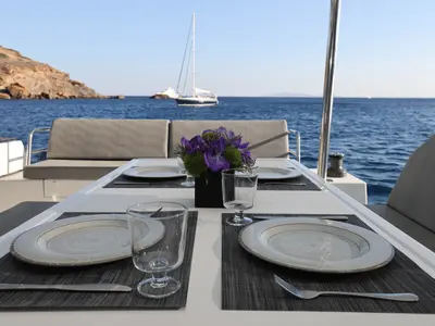 Deck of AQUARELLA, a Fountaine Pajot Tanna 47 catamaran at Lavreotiki Municipal Unit, Greece