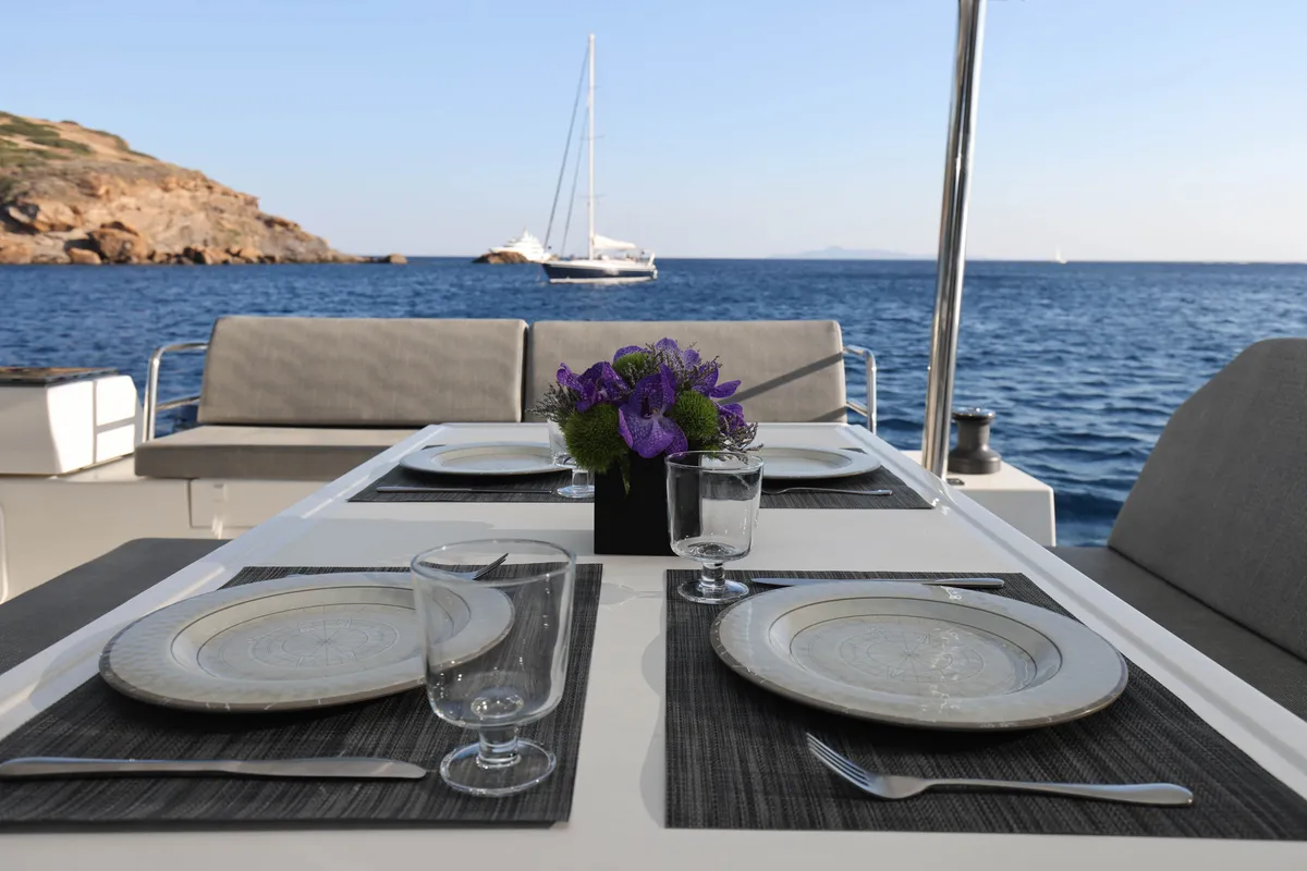 Deck of AQUARELLA, a Fountaine Pajot Tanna 47 catamaran at Lavreotiki Municipal Unit, Greece