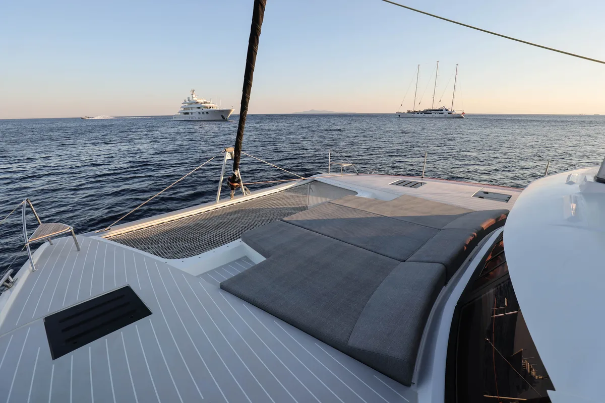 Deck of AQUARELLA, a Fountaine Pajot Tanna 47 catamaran at Lavreotiki Municipal Unit, Greece