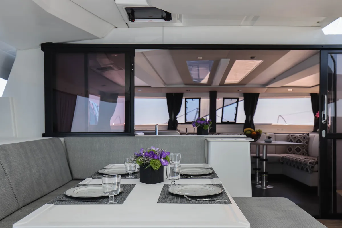 Salon of AQUARELLA, a Fountaine Pajot Tanna 47 catamaran at Lavreotiki Municipal Unit, Greece
