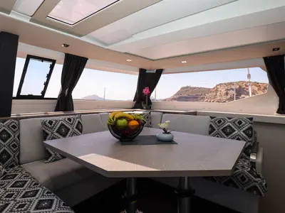Salon of AQUARELLA, a Fountaine Pajot Tanna 47 catamaran at Lavreotiki Municipal Unit, Greece