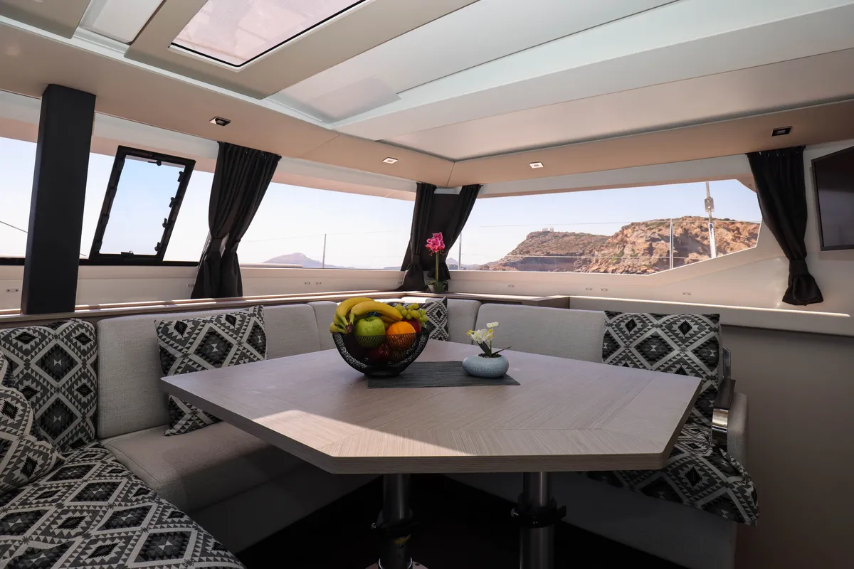 Salon of AQUARELLA, a Fountaine Pajot Tanna 47 catamaran at Lavreotiki Municipal Unit, Greece