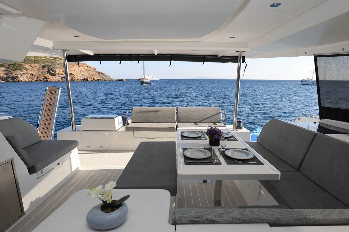 Deck of AQUARELLA, a Fountaine Pajot Tanna 47 catamaran at Lavreotiki Municipal Unit, Greece