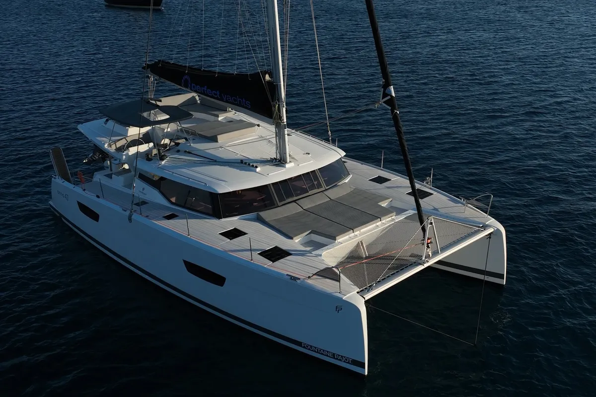 Exterior view of AQUARELLA, a Fountaine Pajot Tanna 47 catamaran at Lavreotiki Municipal Unit, Greece