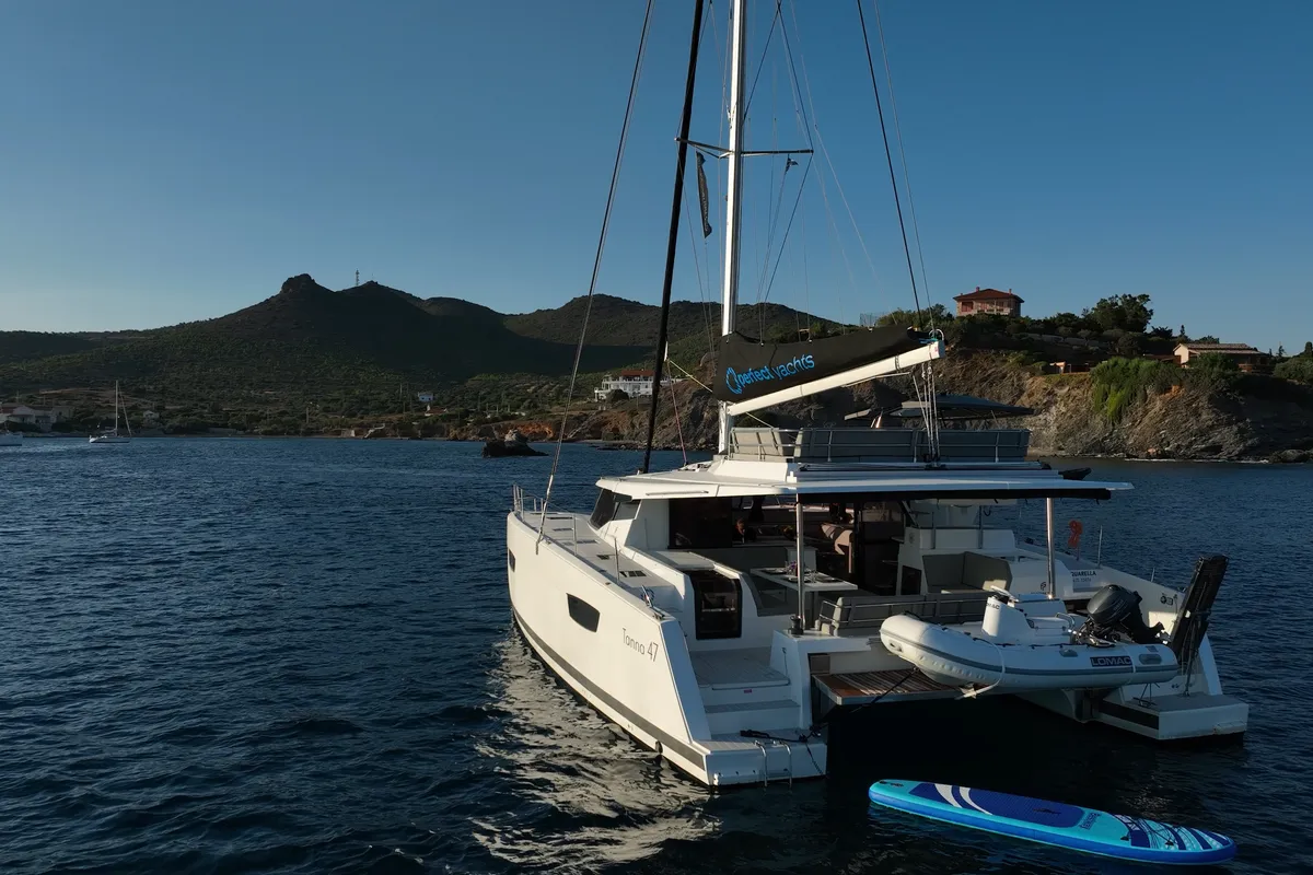 Exterior view of AQUARELLA, a Fountaine Pajot Tanna 47 catamaran at Lavreotiki Municipal Unit, Greece