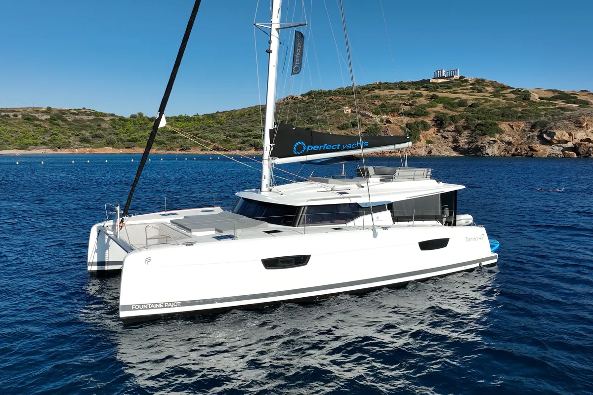 Exterior view of AQUARELLA, a Fountaine Pajot Tanna 47 catamaran at Lavreotiki Municipal Unit, Greece