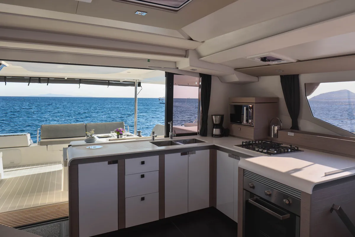 Galley of AQUARELLA, a Fountaine Pajot Tanna 47 catamaran at Lavreotiki Municipal Unit, Greece