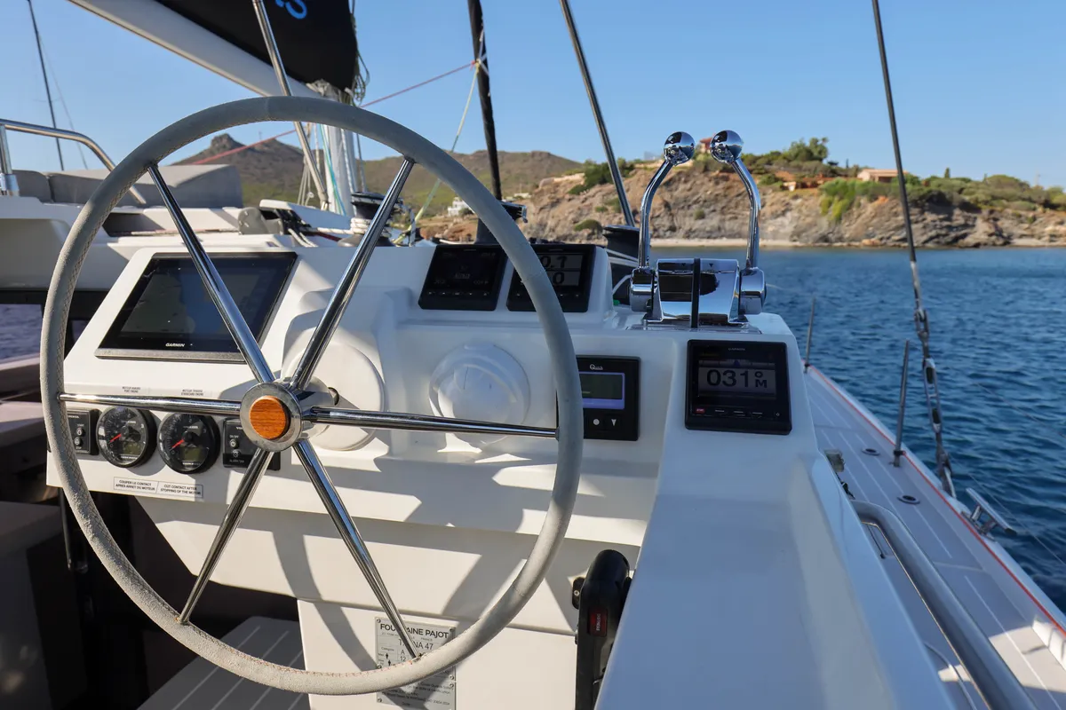 Cockpit of AQUARELLA, a Fountaine Pajot Tanna 47 catamaran at Lavreotiki Municipal Unit, Greece