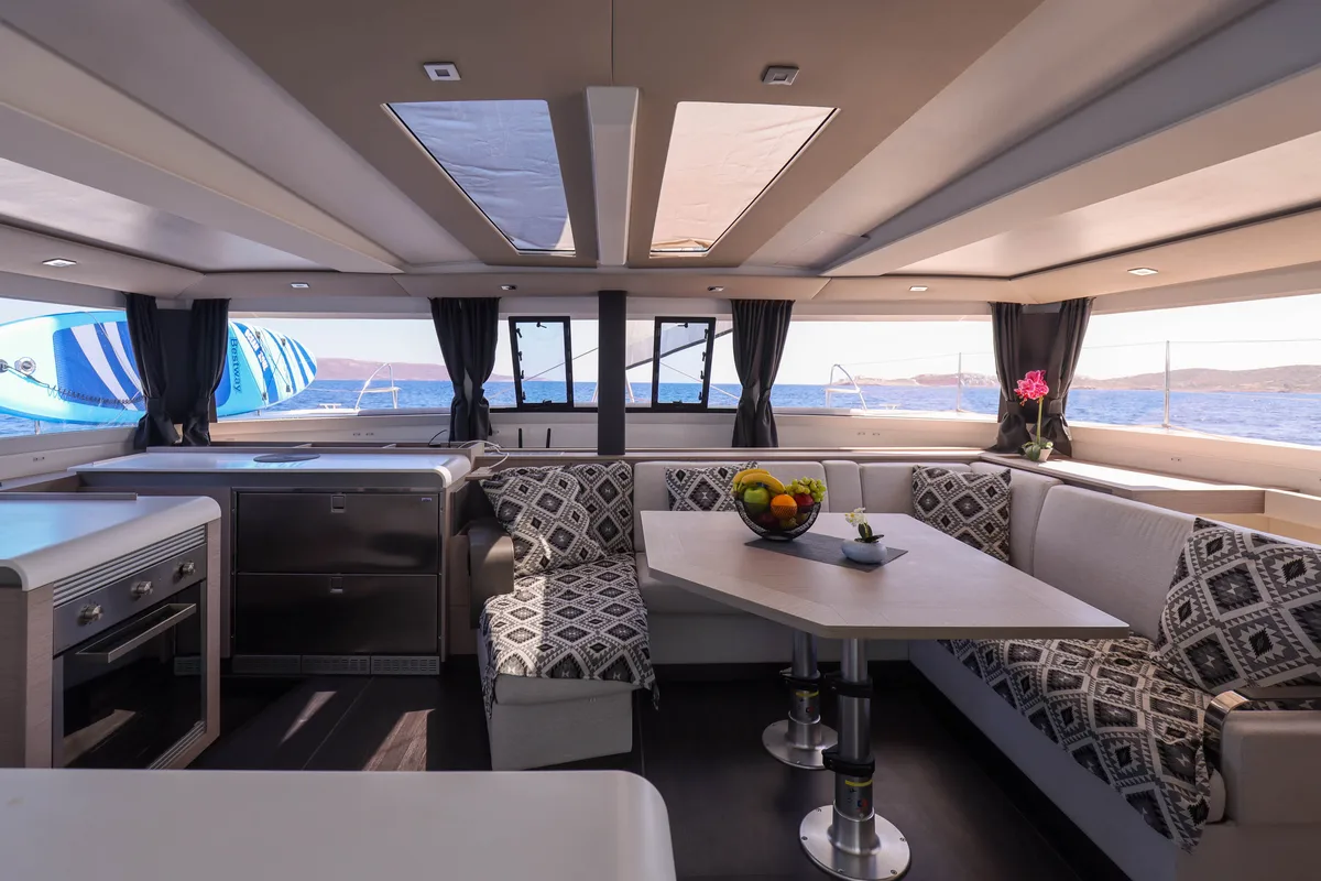 Salon of AQUARELLA, a Fountaine Pajot Tanna 47 catamaran at Lavreotiki Municipal Unit, Greece
