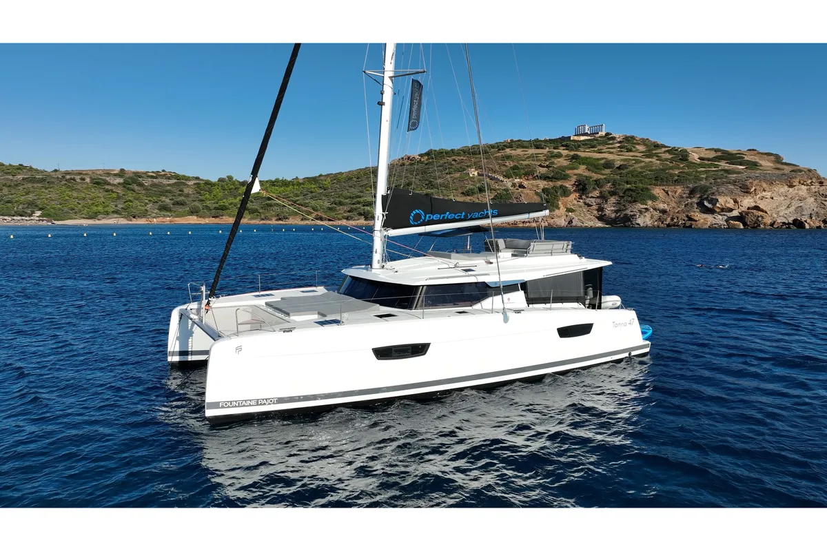 Exterior view of AQUARELLA, a Fountaine Pajot Tanna 47 catamaran at Lavreotiki Municipal Unit, Greece