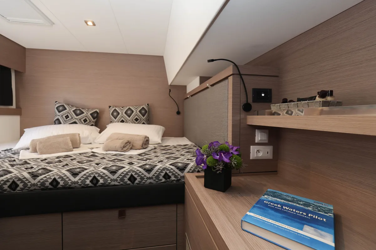 Cabin on AQUARELLA, a Fountaine Pajot Tanna 47 catamaran at Lavreotiki Municipal Unit, Greece