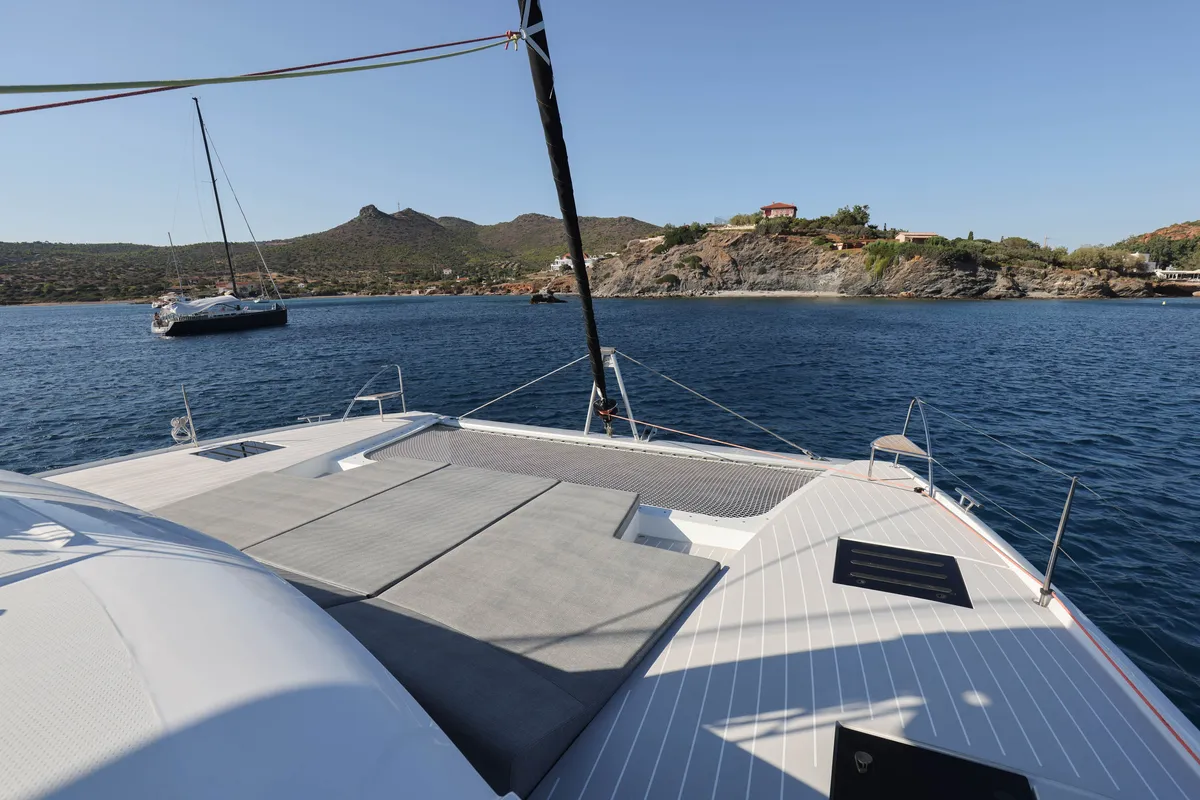 Deck of AQUARELLA, a Fountaine Pajot Tanna 47 catamaran at Lavreotiki Municipal Unit, Greece