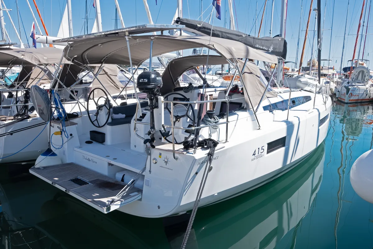 Exterior view of Thalassa Nova, a Jeanneau Sun Odyssey 415 sailboat at Split, Croatia