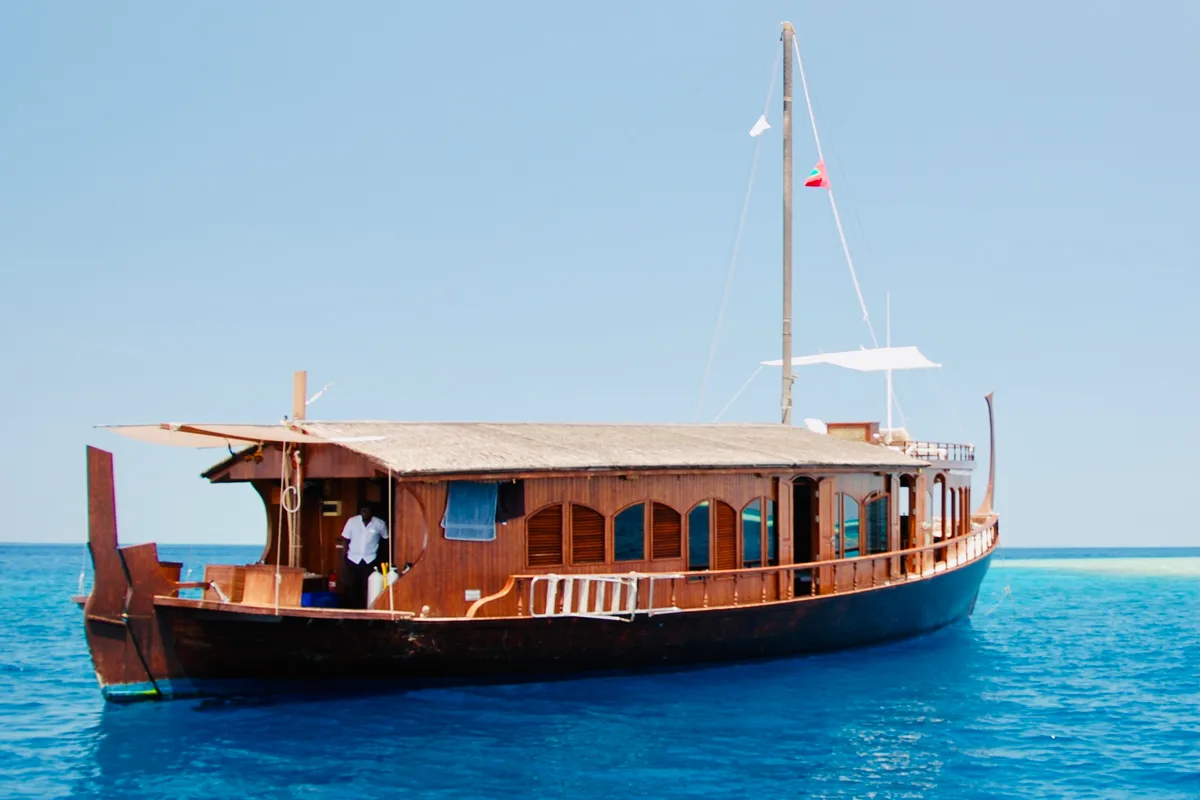 Exterior view of Stella 2, a Gulet Wooden motor yacht sailboat at Malé, Maldives