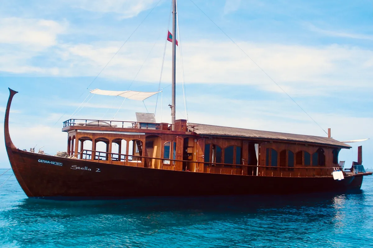Exterior view of Stella 2, a Gulet Wooden motor yacht sailboat at Malé, Maldives