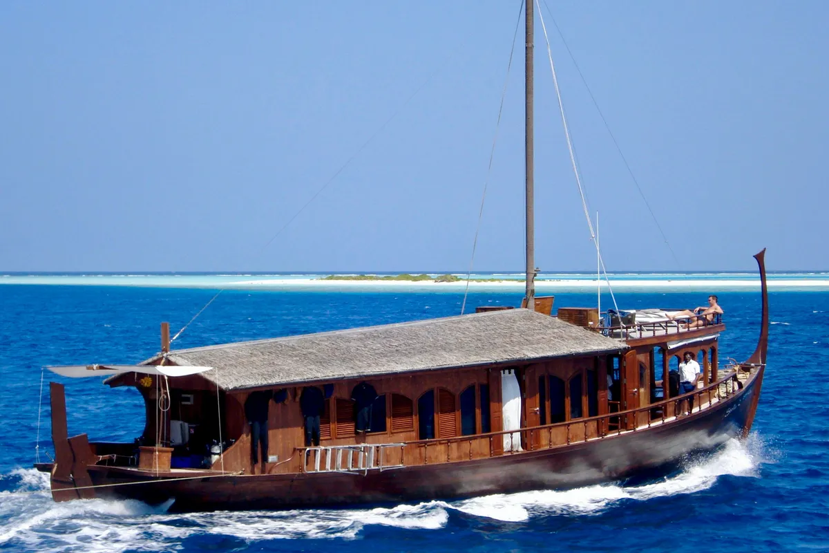 Exterior view of Stella 2, a Gulet Wooden motor yacht sailboat at Malé, Maldives