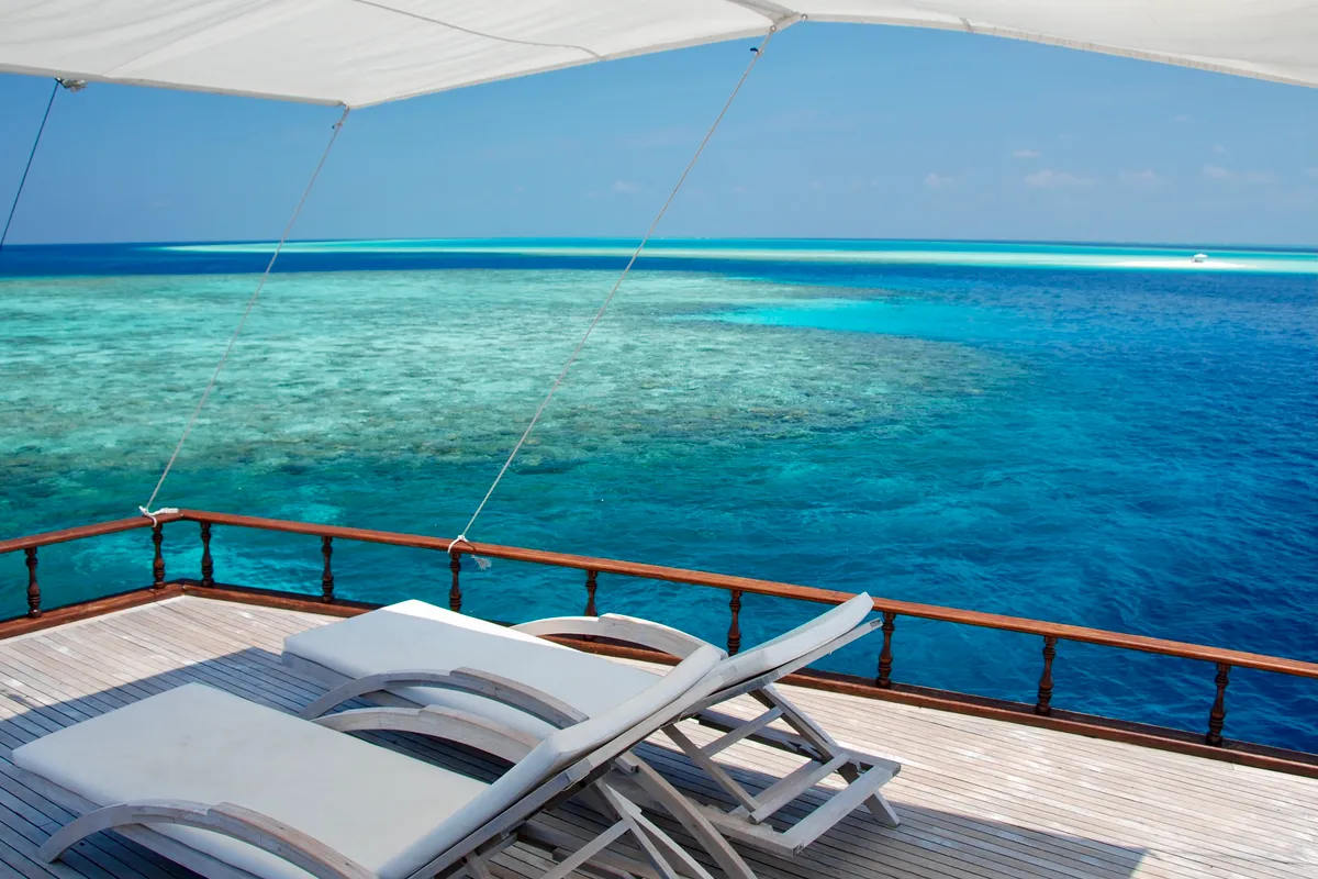 Deck of Stella 2, a Gulet Wooden motor yacht sailboat at Malé, Maldives