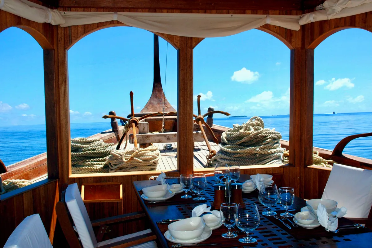 Salon of Stella 2, a Gulet Wooden motor yacht sailboat at Malé, Maldives