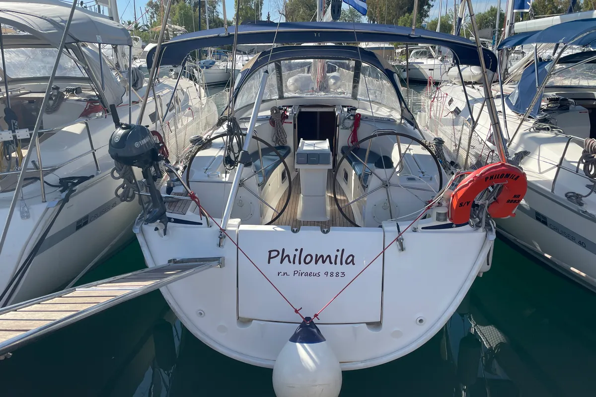 Exterior view of Philomila, a Bavaria 40 Cruiser sailboat at Preveza, Greece