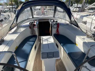 Cockpit of Philomila, a Bavaria 40 Cruiser sailboat at Preveza, Greece