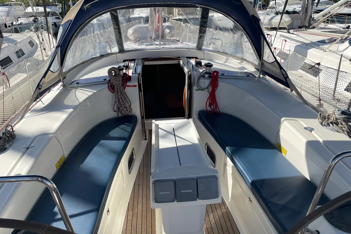 Cockpit of Philomila, a Bavaria 40 Cruiser sailboat at Preveza, Greece