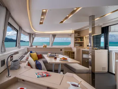 Salon of Pantera, a Lagoon 46 catamaran at Olbia, Italy